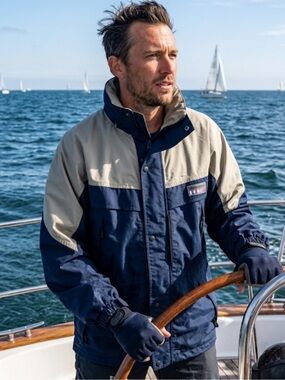 Against The Elements Navy Tan Jacket Hooded Windbreaker Marine Weather Jacket